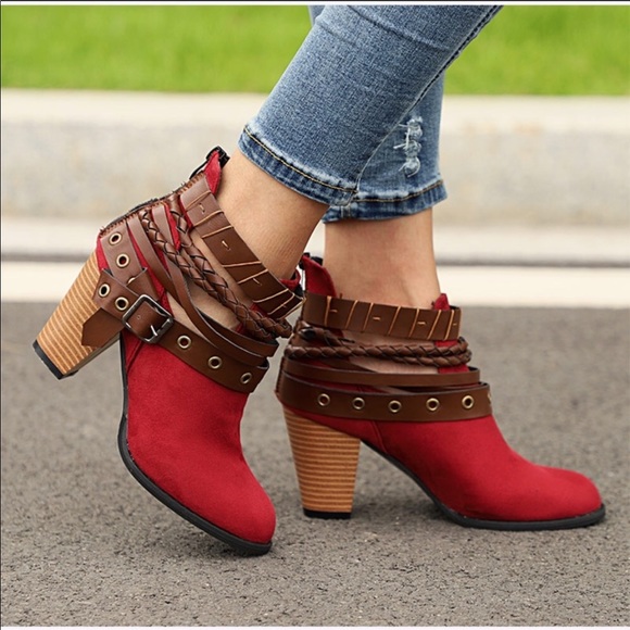Shoes - HP ⭐️ Red Strappy Ankle Booties